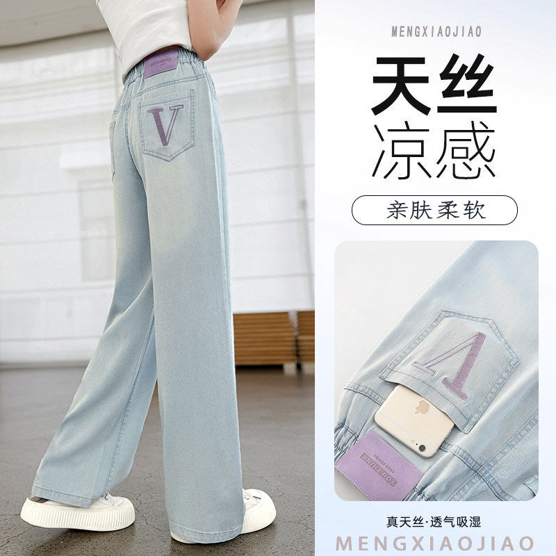 Girls' summer lightweight pants  new style: wide-leg pants for older girls, slim-fit straight-leg tencel jeans for middle school students