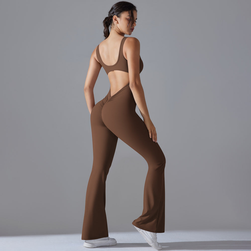 European and american cutout back bodysuit peach lift quick-dry tight workout gym outfit flare leg yoga jumpsuit for women