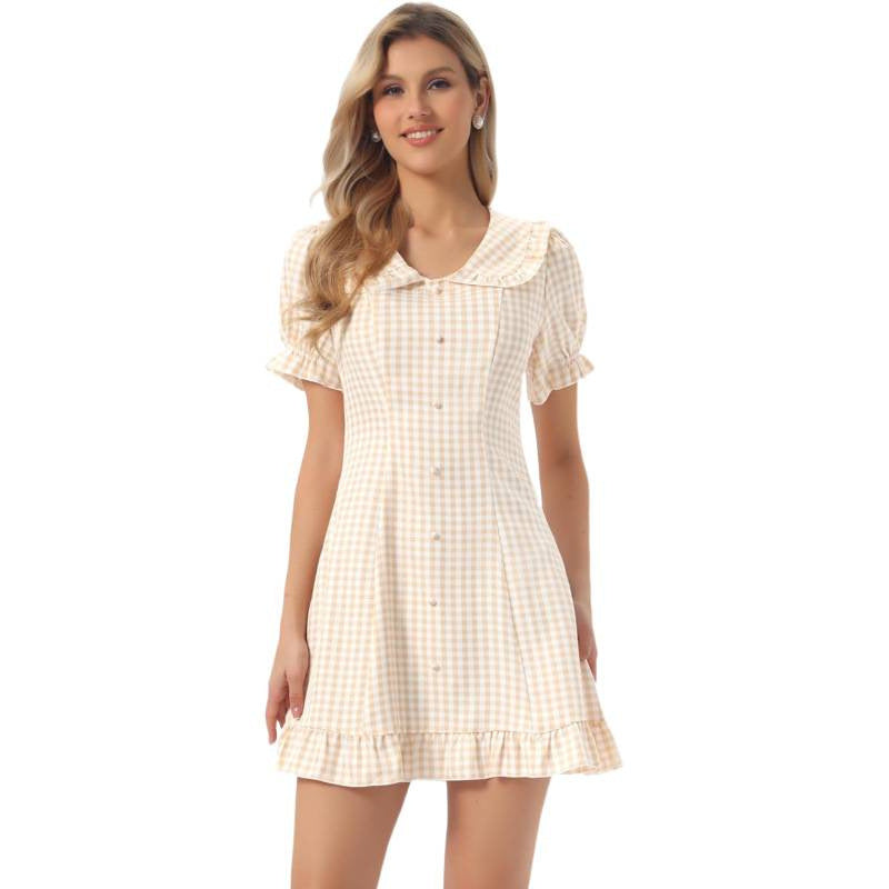 Amazon european and american plaid wood ear dress for women  summer new style puff sleeve doll collar skirt