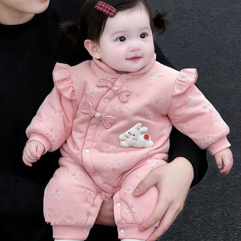 Winter baby romper fleece-lined bodysuit crawling suit cute super adorable bunny girl romper thickened warm onesie