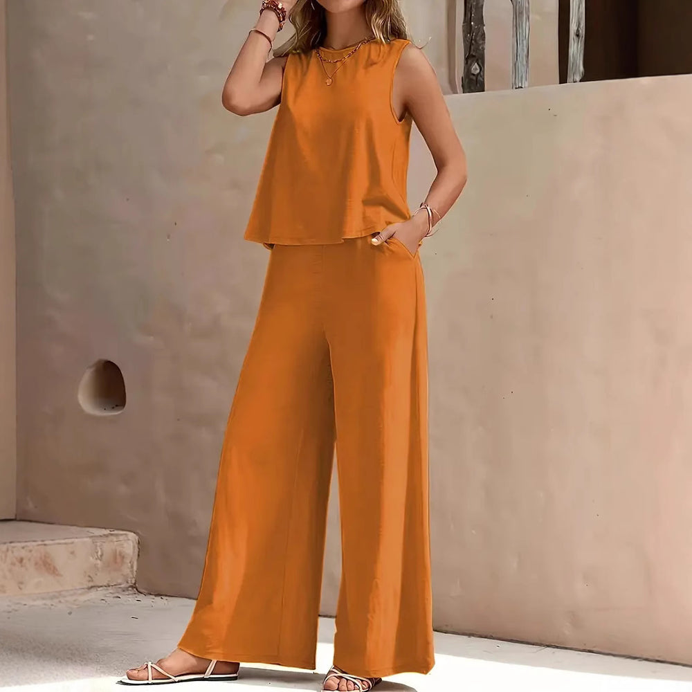 fashion cross-border best sellingpure colorelegancetwo-piece set round neck vest and loose pants suit women's clothing