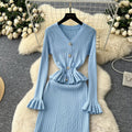 autumn collection: french chic, high-end, niche v-neck long sleeve ruffle trim patchwork cinched waist knit dress for women