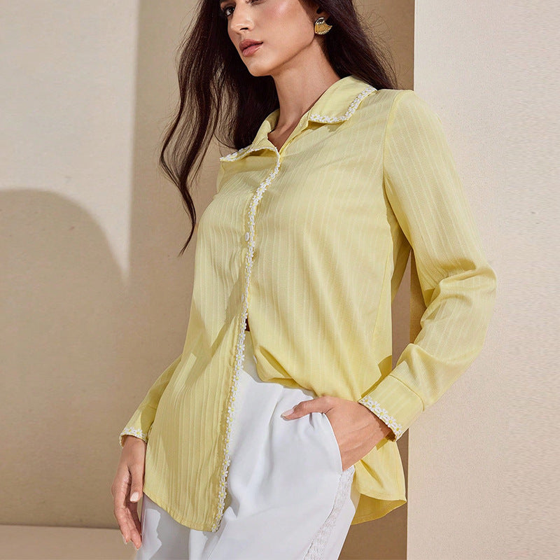 Ruihu 2025 Cross-border  Independent Station Foreign Trade European and American Temperament Lace Long Sleeve Shirt Solid Color Cardigan Top