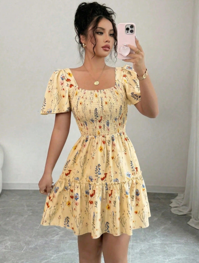 new european and american style women's floral print ruched sleeveless v-neck cinched waist backless maxi dress - perfect for vacation