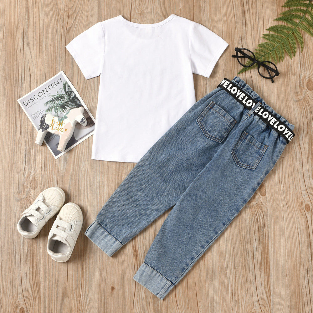 European and american cross-border new arrival: kids' round neck short sleeve letter print t-shirt + button-down distressed denim jeans with belt set