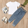European and american cross-border new arrival: kids' round neck short sleeve letter print t-shirt + button-down distressed denim jeans with belt set