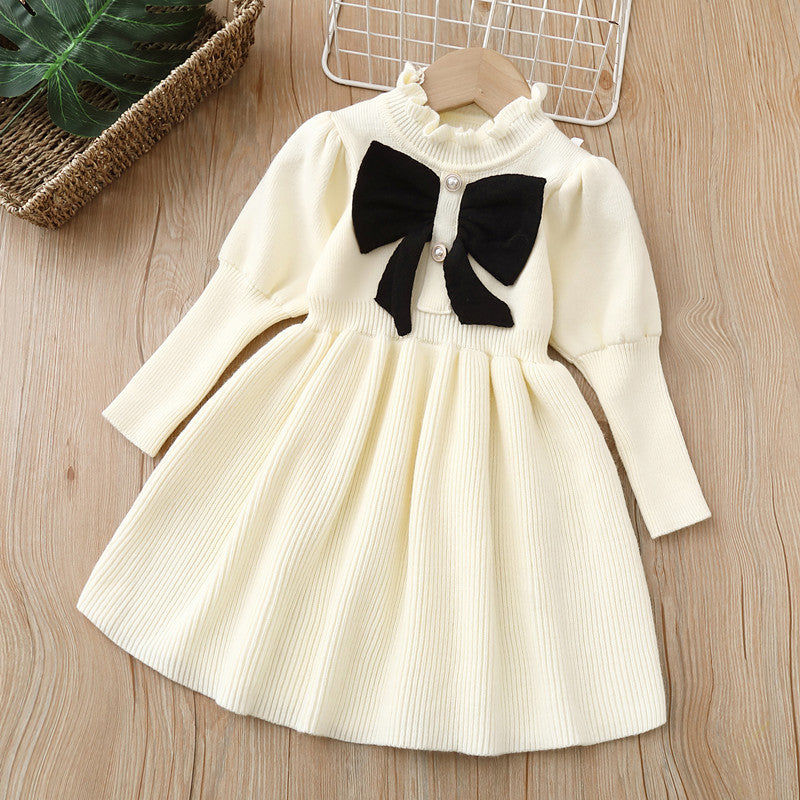 Girls' knitted sweater dress - autumn/winter  new collection - fashionable long dress with bow detail for baby girls
