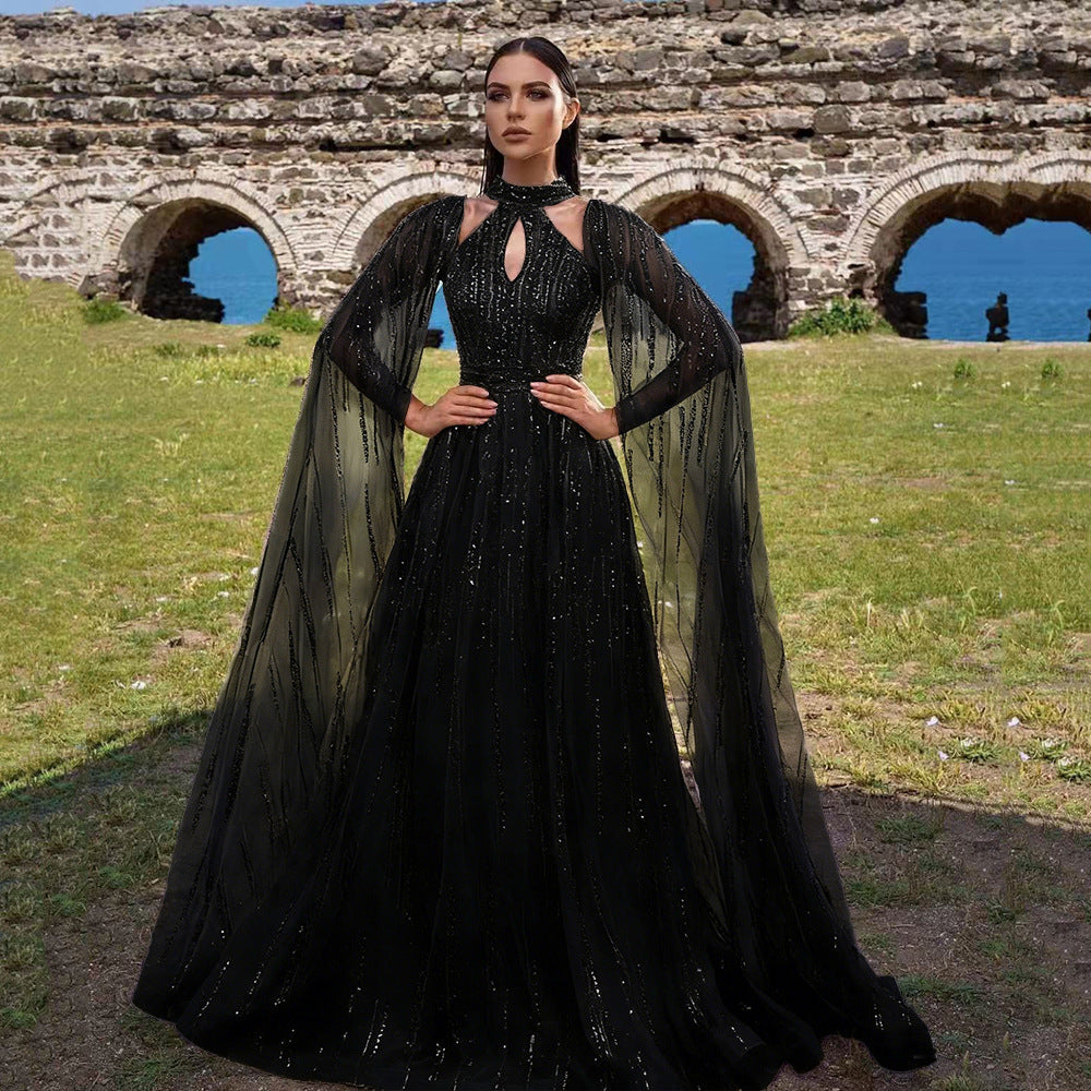 new spring/summer cross-border fashion: european and american style elegant mesh maxi dress with tassel and sequin evening gown