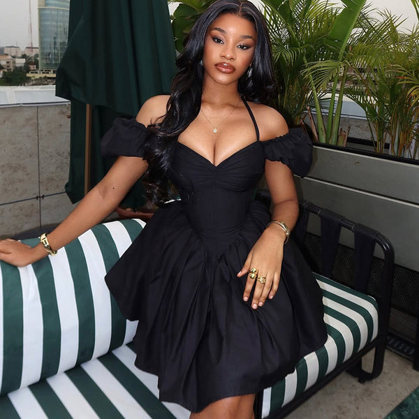 European and American style  solid color design women's clothing lace-up A-word pleated skirt hanging neck, waist, off-the-shoulder V-neck short dress tide