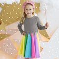 New girls' dress: stylish color block long-sleeve rainbow princess dress for toddlers and young children