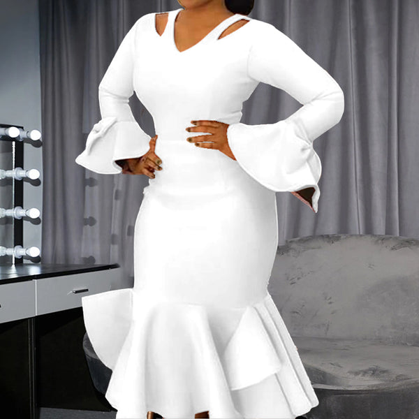 Personalized hollow collar sexy big skirt dress, new flared sleeve fishtail dress bodycon dress