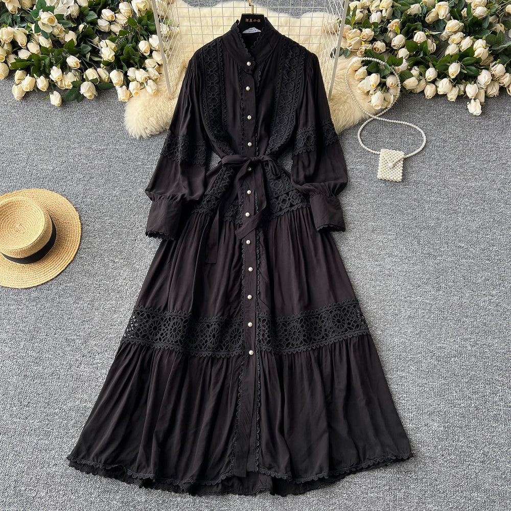 Frenchclassyretrolacepatchwork pearl single breasted slimmingelegant stand collar lantern sleeve large swing dress
