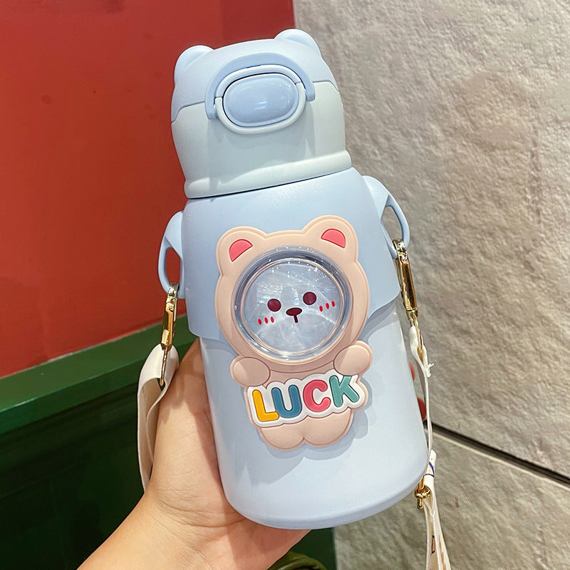 Cartoon cute double-drink kids' thermos cup - 316 stainless steel, food-grade, high-style, portable straw cup