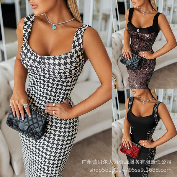 ODS5341 series European and American new low-neck thousand bird grid tight dress fashion