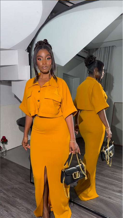 Amazon cross-border women's fashion  summer new arrival: lapel collar faux pocket shirt top & slim-fit slit midi skirt set