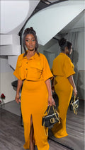 Amazon cross-border women's fashion  summer new arrival: lapel collar faux pocket shirt top & slim-fit slit midi skirt set