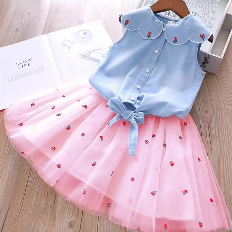 Summer new girls' denim embroidered turn-down collar top + princess mesh skirt two-piece set - direct from the manufacturer