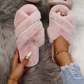 Exportplus size pearl fur slippers for women outwearfashion cross-border new arrivalflats home indoor cross cotton slippers for women