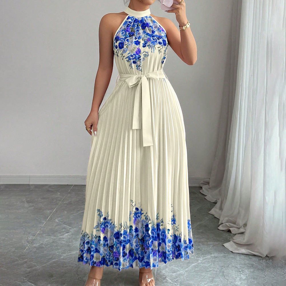 European and american cross-border women's summer  elegant halter neck tie waist floral print pleated maxi swing dress