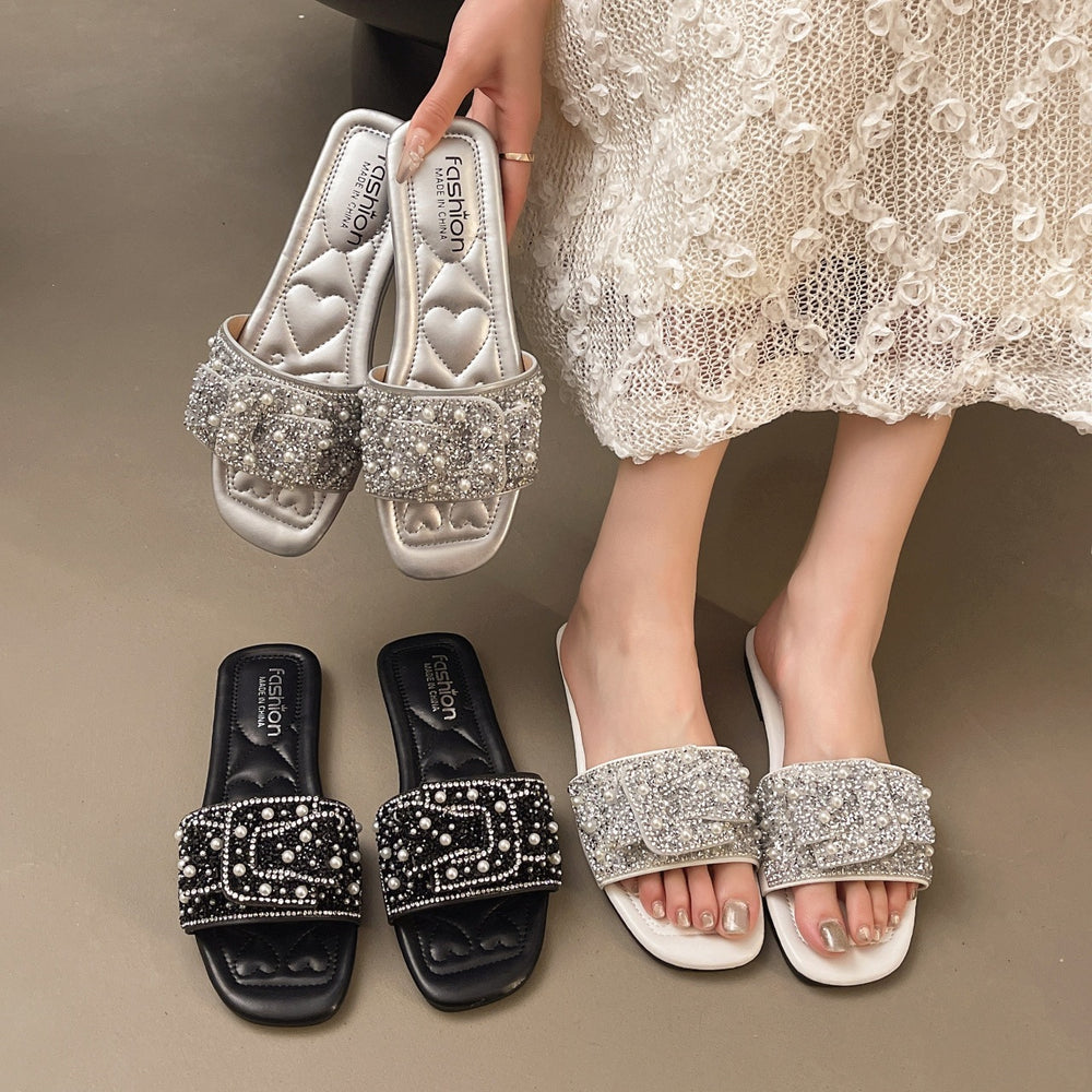 Plus size women's slides for export -  summer new arrivals: european & american fashion rhinestone flat one-strap sandals