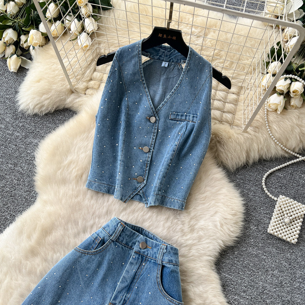 European and american hot girl style sleeveless slim-fit denim set - women's summer halter top and high-waisted slimming two-piece outfit