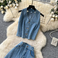 European and american hot girl style sleeveless slim-fit denim set - women's summer halter top and high-waisted slimming two-piece outfit