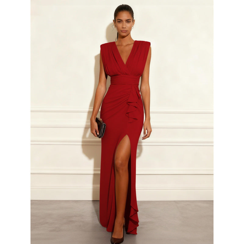 Independent station  pure colorcasualv neck sleeveless slit dress