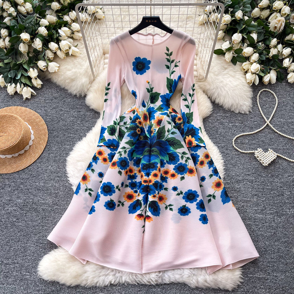 French romantic style printed stretch dress - women's summer long sleeve slim fit a-line dress - high-end commute dress