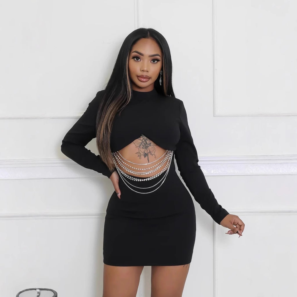 Spot 2024 Cross-border Europe, America,  Independent Station Unbreakable Diamond Chain Solid Color Long Sleeve Slim Hip Wrap Dress