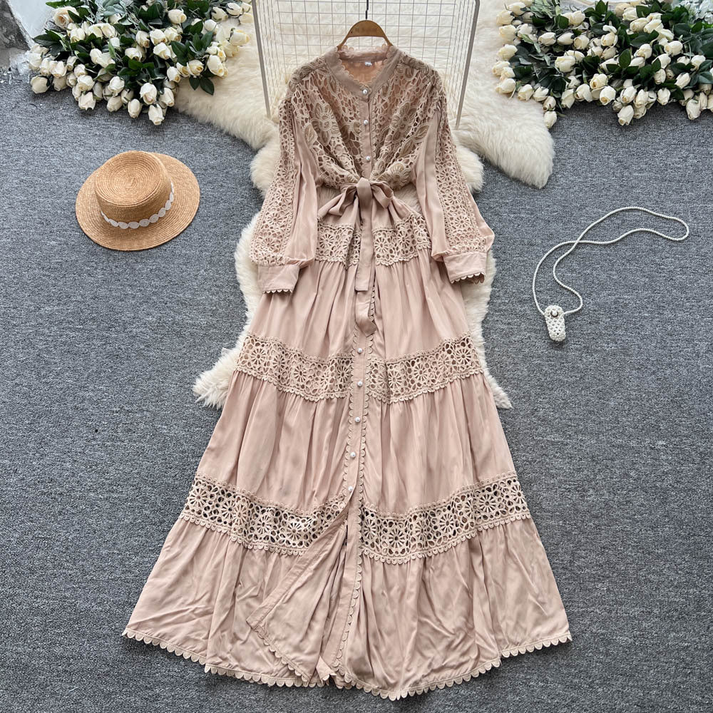 French retro court style heavy embroidered hollow-out lace patchwork tie-waist single-breasted elegant long dress for women