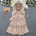 French retro court style heavy embroidered hollow-out lace patchwork tie-waist single-breasted elegant long dress for women