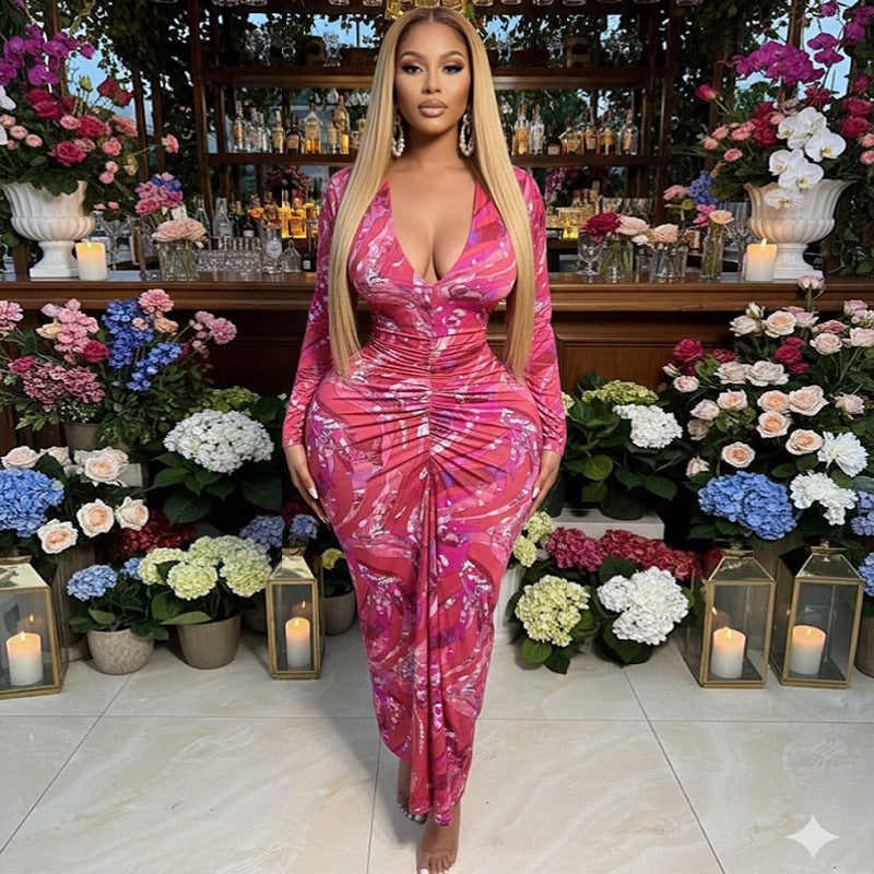 European and american women's clothing  autumn new sweet clear print v-neck high waist slimming bodycon maxi dress