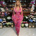 European and american women's clothing  autumn new sweet clear print v-neck high waist slimming bodycon maxi dress