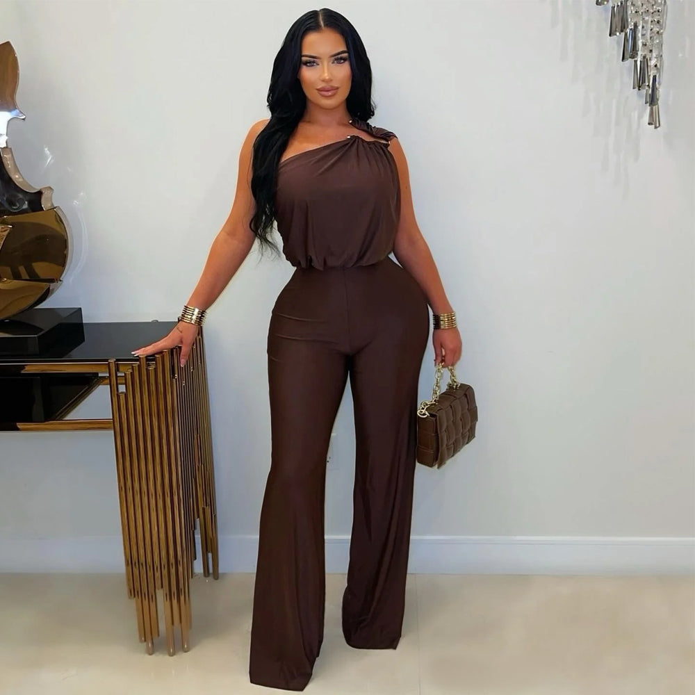 C7578 cross-border   fashion women's casual one-shoulder sleeveless bodycon wide-leg jumpsuit