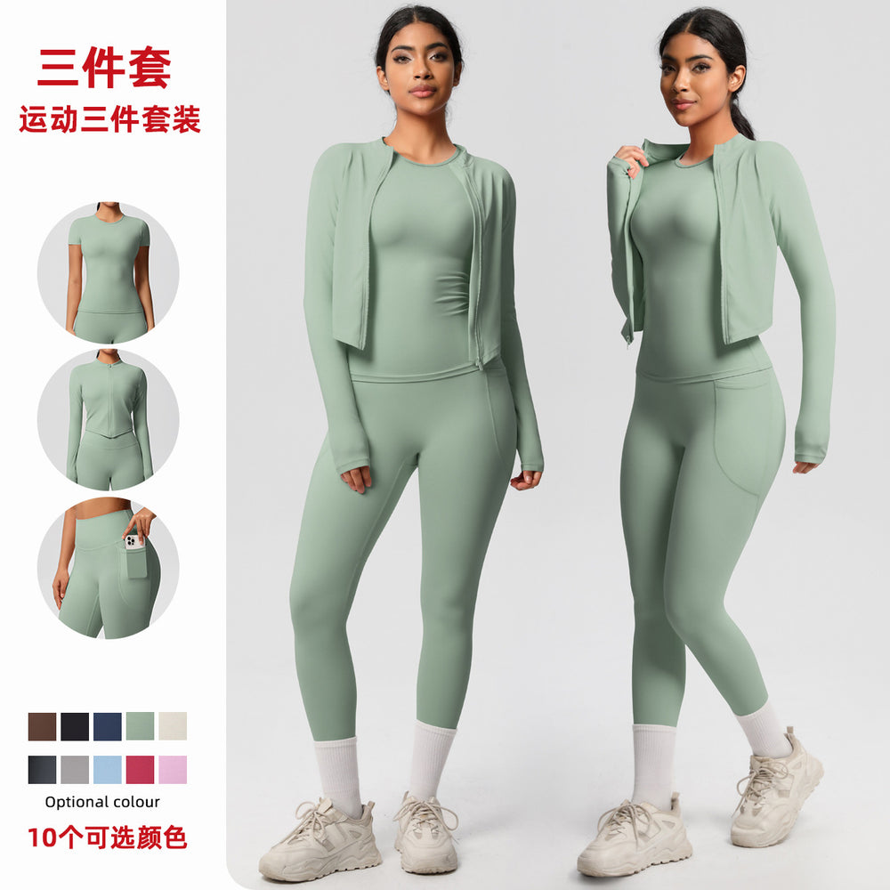 Solid color new outdoor casual quick-dry sports yoga outfit - tight-fitting, butt-lifting, pocketed shorts - fitness naked feel three-piece set