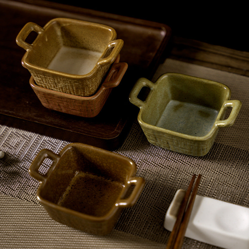 Retro ceramic for home small dipping dish japanese style double-ear side dish restaurant dessert pastry dish ceramic dish flavor dish