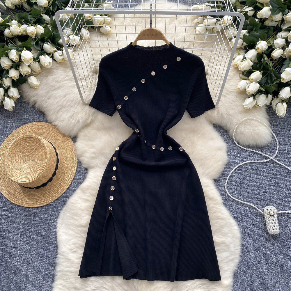 Elegant semi-high neck short sleeve dress - women's designer knit midi dress with button detail, cinched waist, and slit hem for a slimming silhouette
