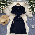 Elegant semi-high neck short sleeve dress - women's designer knit midi dress with button detail, cinched waist, and slit hem for a slimming silhouette