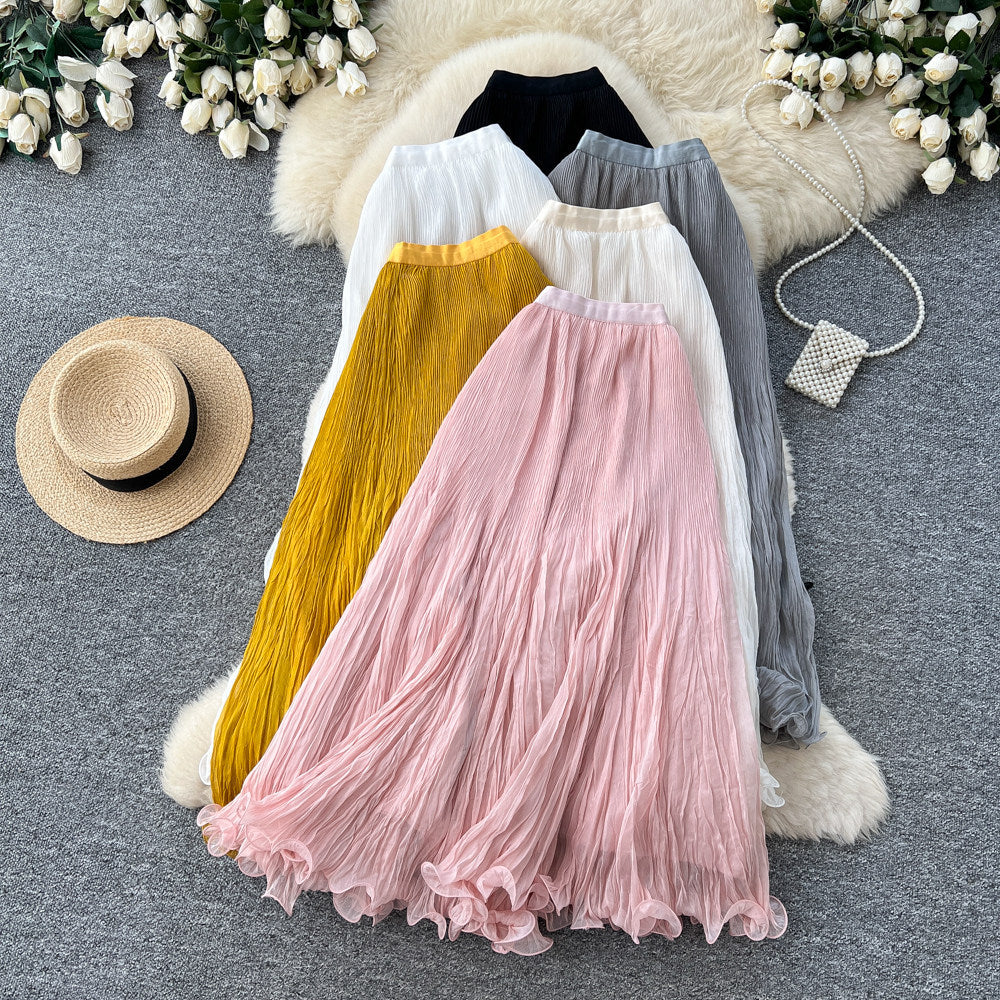K-style high waist pleated lace skirt women's summer a-line casual large swing work clothingelegant long skirt multi-color