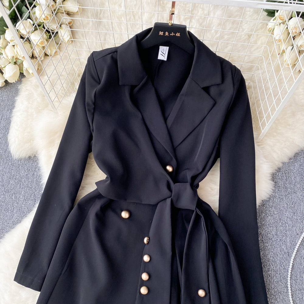 Workplace light mature style women's elegant suit collar strap silmshortsense of design pleated skirt long sleevesdress