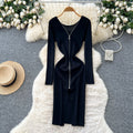 Korean style chic design v-neck zipper long sleeve slim-fit dress - women's autumn waist-cinching slit sweater dress