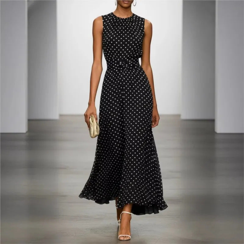 summer new arrival: european and american style polka dot sleeveless dress - french-inspired cinched waist, elegant maxi dress, slimming women's style