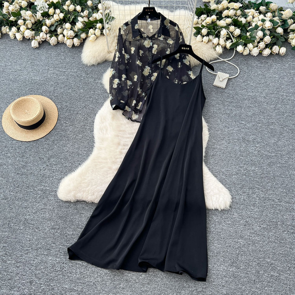 Beach vacation style solid color slim-fit cami dress + floral lightweight long-sleeve sun protection cardigan top set for women - summer