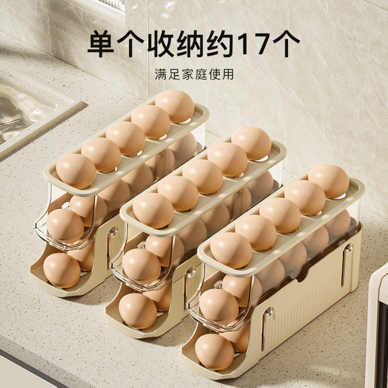 Anti-drop egg storage box on countertop Fixed slide type Automatic roll-down egg box Double egg tray for side door of refrigerator