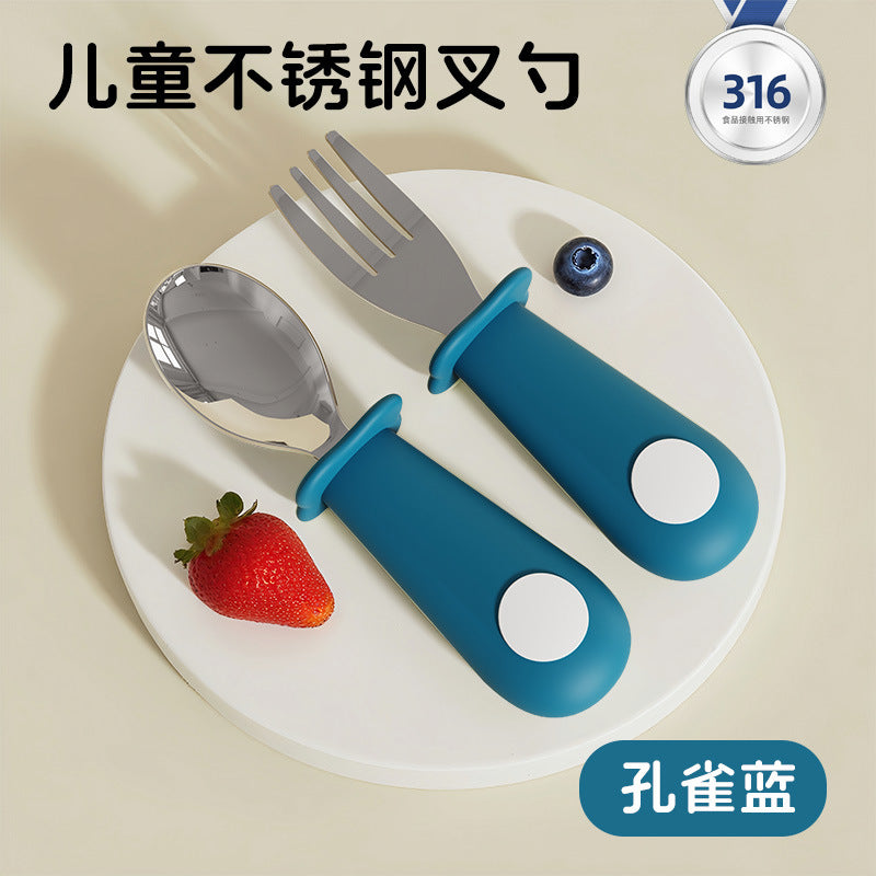Baby silicone short-handled stainless steel fork and spoon set - self-feeding utensils for infants - cross-border hot seller