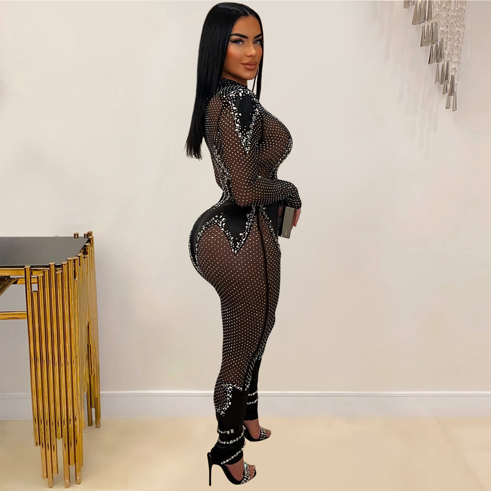 C6886 cross-border   fashion women's solid color mesh rhinestone long sleeve pants jumpsuit