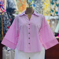 European and american cross-border women's fashion:  spring new arrivals - stylish, designer-inspired, unique turn-down collar, loose-fit striped blouse