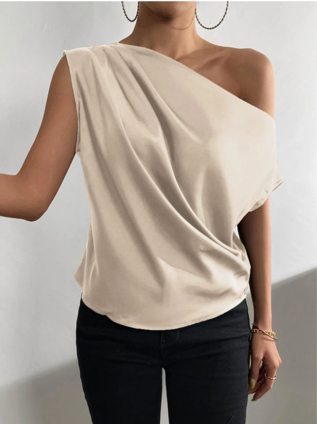 spring solid color satin faux silk asymmetrical one-shoulder off-the-shoulder sleeveless pullover blouse - european & american style women's clothing