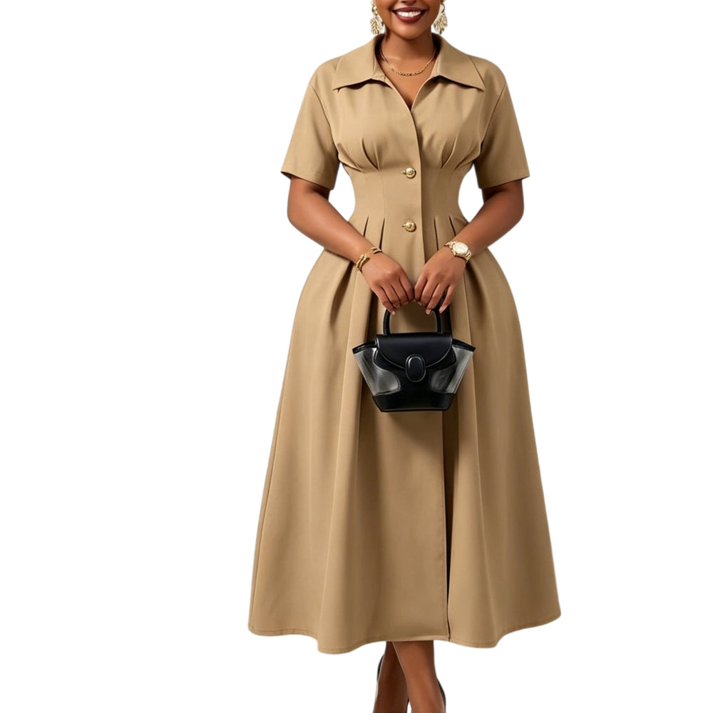 D639 european and american cross-border foreign trade  new lapel short-sleeved high waist lapel large swing mid-length foreign trade dress