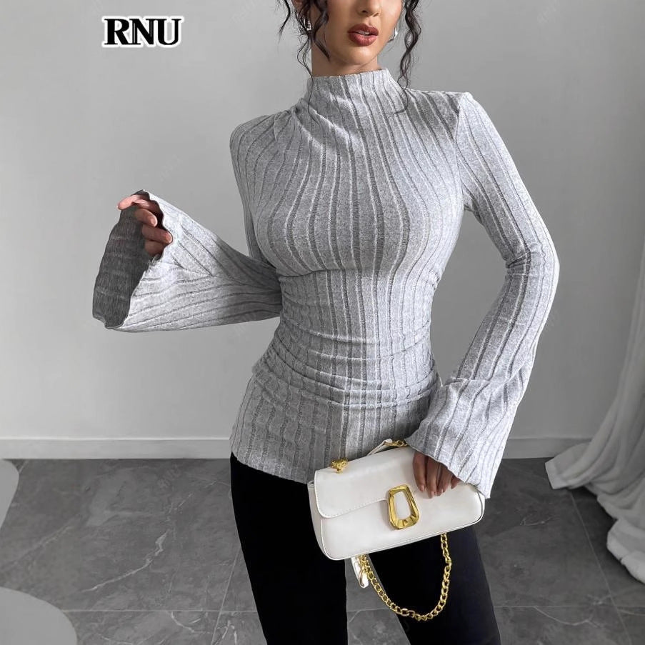 Fashion cross-border  spring new arrival pit half turtleneck silm elegant women's inner bell sleeve bottom shirt